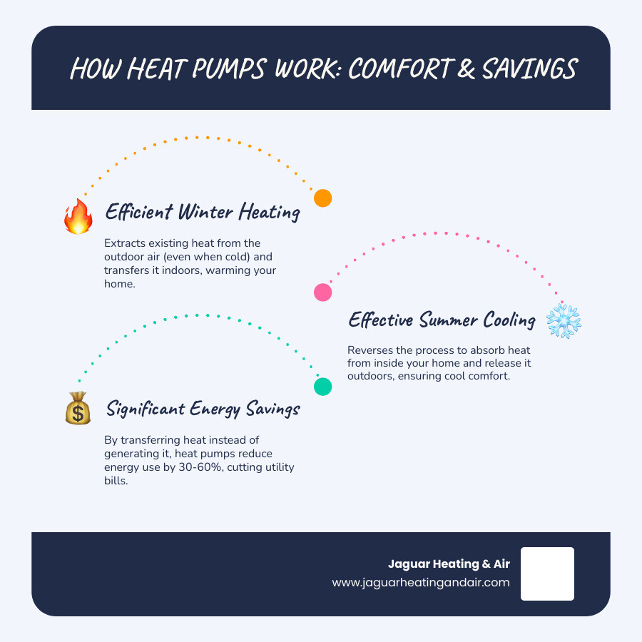 Infographic showing how heat pumps provide both heating and cooling by transferring heat indoors in winter and outdoors in summer, with arrows indicating heat flow direction, energy efficiency ratings, and potential savings of 30-60% on energy bills - heat pump installation in roseville, ca infographic infographic-line-3-steps-blues-accent_colors