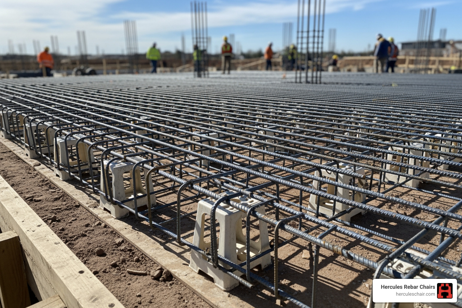 concrete slab with rebar and rebar chairs properly placed - Concrete contractor supplies