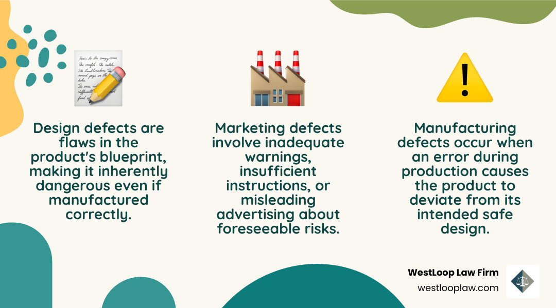 Infographic showing three types of product defects: Design Defects (inherently dangerous blueprint with no safer alternative), Manufacturing Defects (errors during production that deviate from the intended design), and Marketing Defects (inadequate warnings or instructions about foreseeable risks) - Houston defective product lawyer infographic 3_facts_emoji_nature Infographic showing three types of product defects: Design Defects (inherently dangerous blueprint with no safer alternative), Manufacturing Defects (errors during production that deviate from the intended design), and Marketing Defects (inadequate warnings or instructions about foreseeable risks) - Houston defective product lawyer infographic 3_facts_emoji_nature