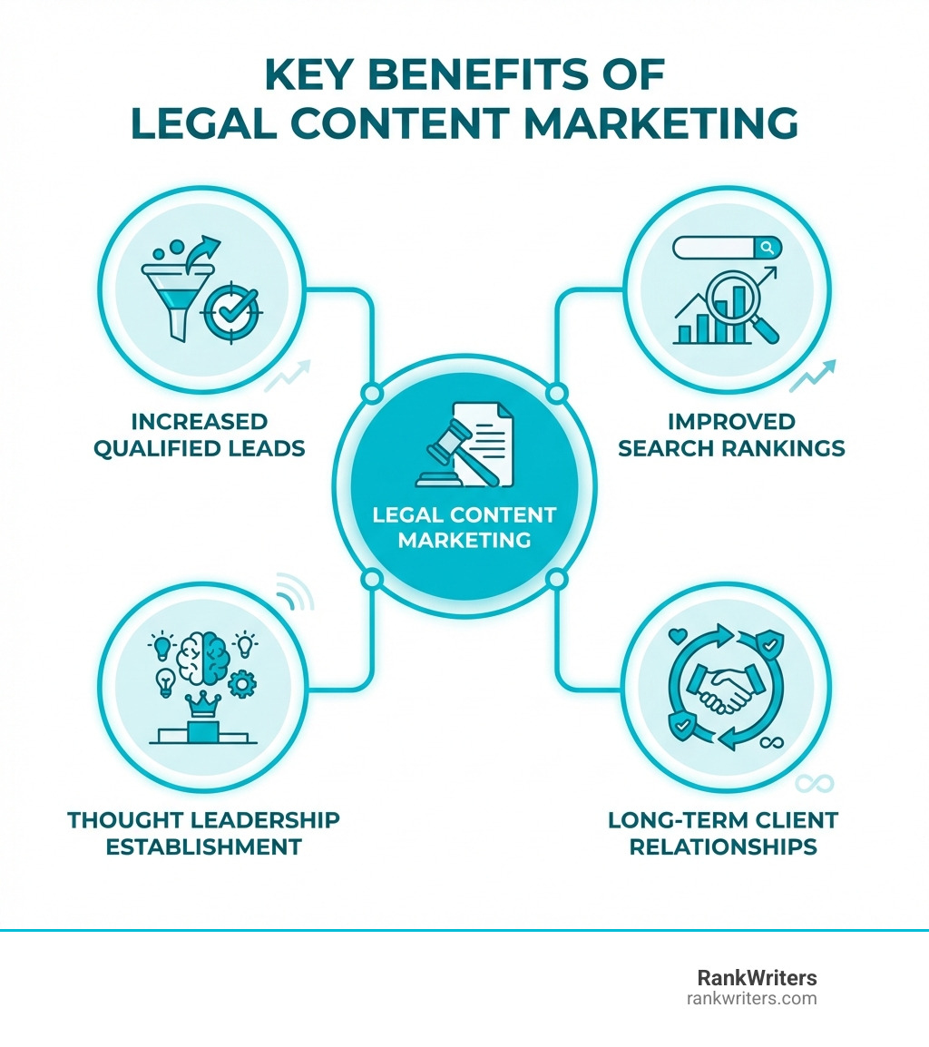 infographic showing key benefits of legal content marketing including increased qualified leads, improved search rankings, thought leadership establishment, and long-term client relationships - legal content writing services infographic 