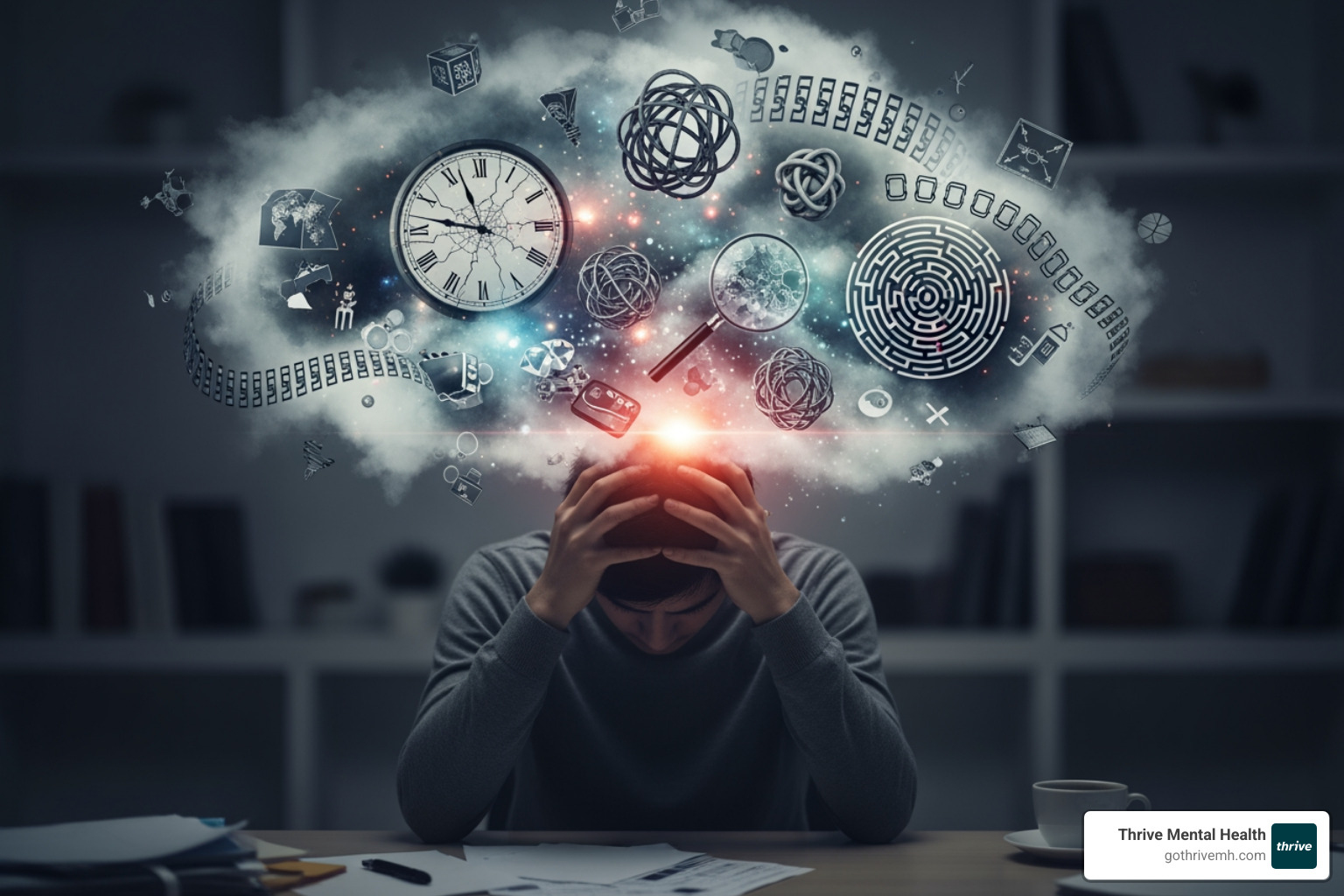 two diverging paths, one labeled "Normal Intrusive Thought" and the other "OCD Obsession" - obsessive thoughts