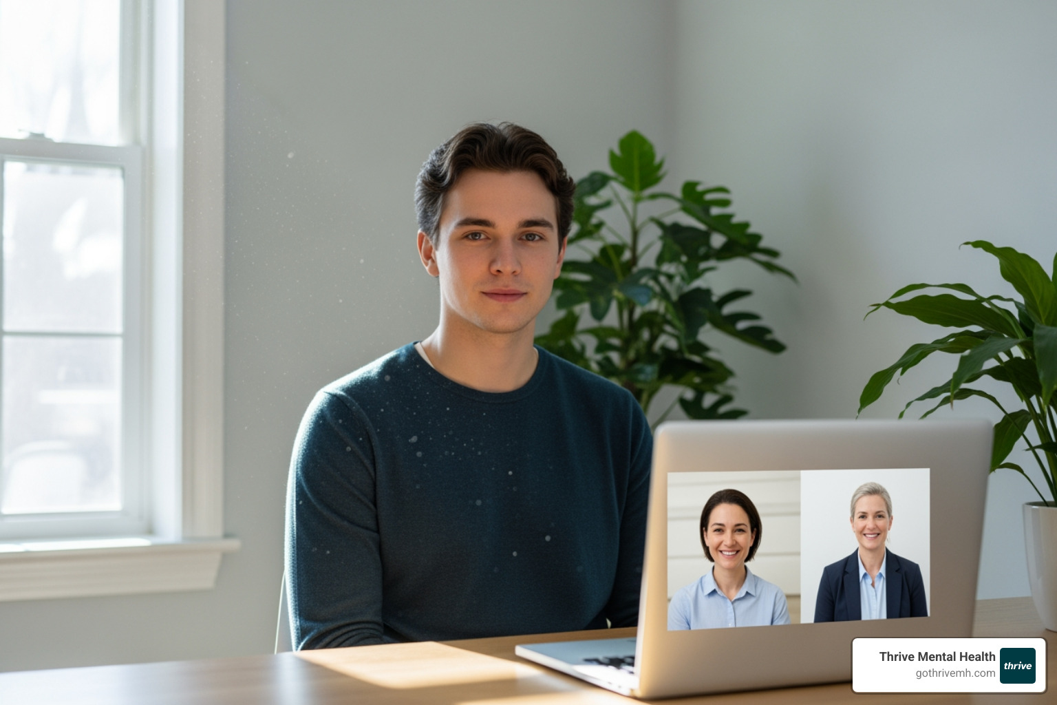 A young professional participating in a virtual therapy session on a laptop, with natural light and a clean, serene background - what is dialectical behavior therapy used to treat