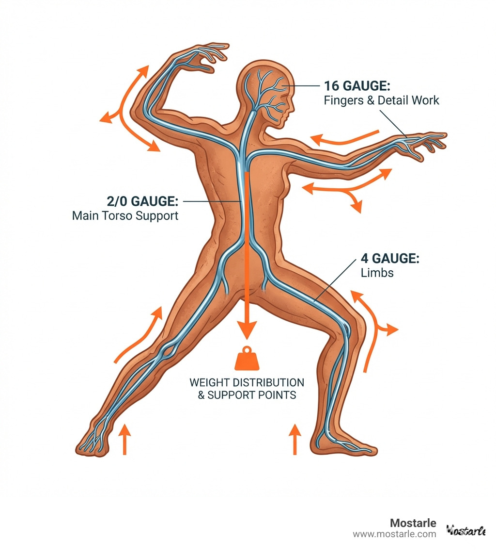 Infographic showing cross-section of a clay sculpture with aluminum wire armature visible inside, labeled with different gauge sizes for different body parts like 2/0 gauge for main torso support, 4 gauge for limbs, and 16 gauge for fingers and detail work, plus arrows indicating weight distribution and support points - aluminum wire for sculpting infographic 