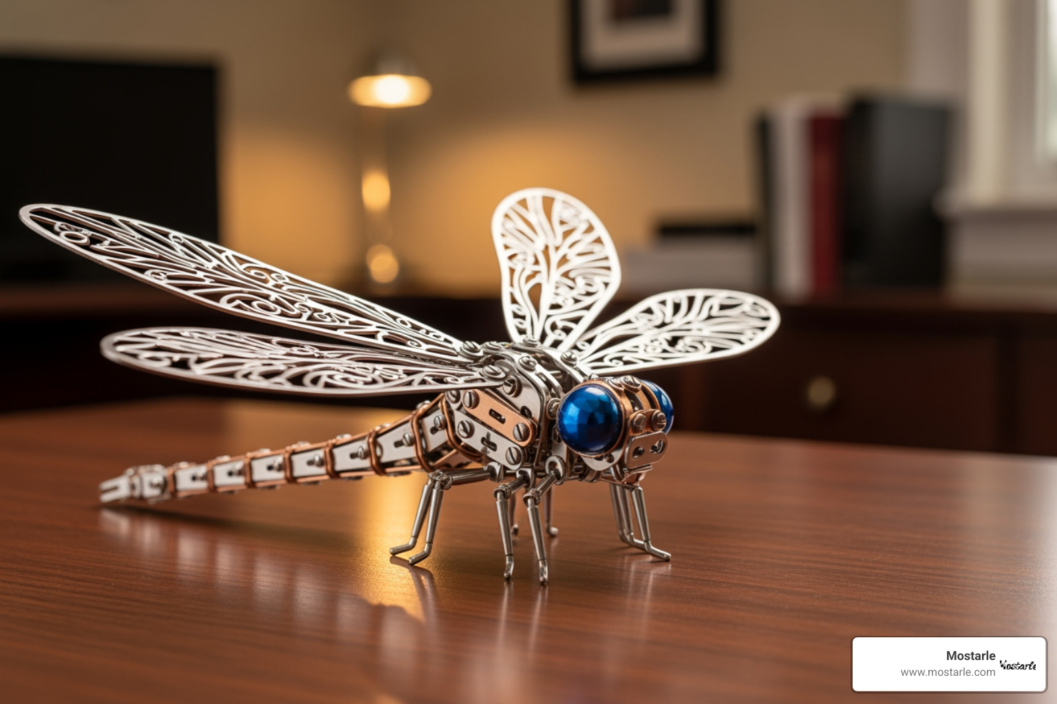 A completed intricate Mostarle 3D metal insect puzzle on a desk - puzzle gifts for adults uk