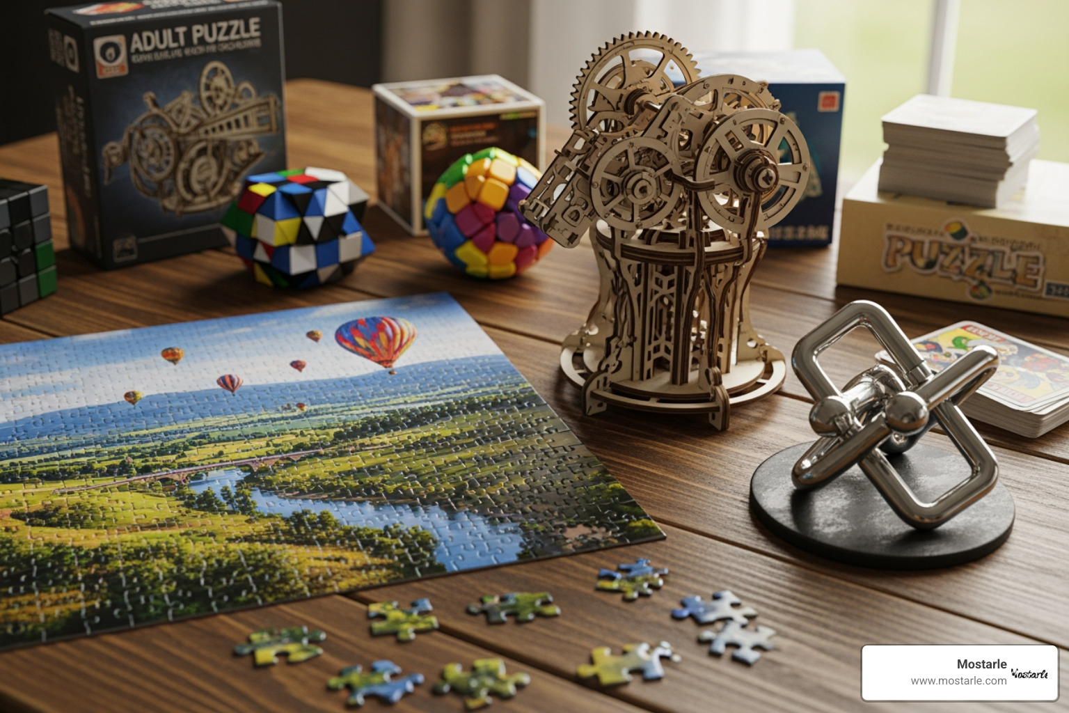 A collection of Mostarle puzzle types: a wooden 3D puzzle, a colourful jigsaw, and a metal brain teaser - puzzle gifts for adults uk