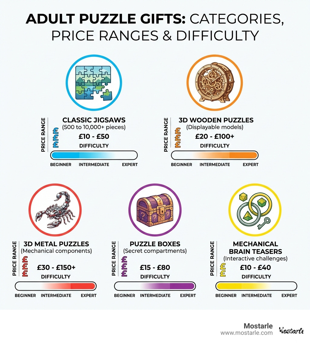 Infographic showing the main categories of adult puzzle gifts: Classic Jigsaws with piece count ranges, 3D Wooden Puzzles with displayable models, 3D Metal Puzzles with mechanical components, Puzzle Boxes with secret compartments, and Mechanical Brain Teasers. Each category shows typical price ranges and difficulty levels from beginner to expert - puzzle gifts for adults uk infographic 