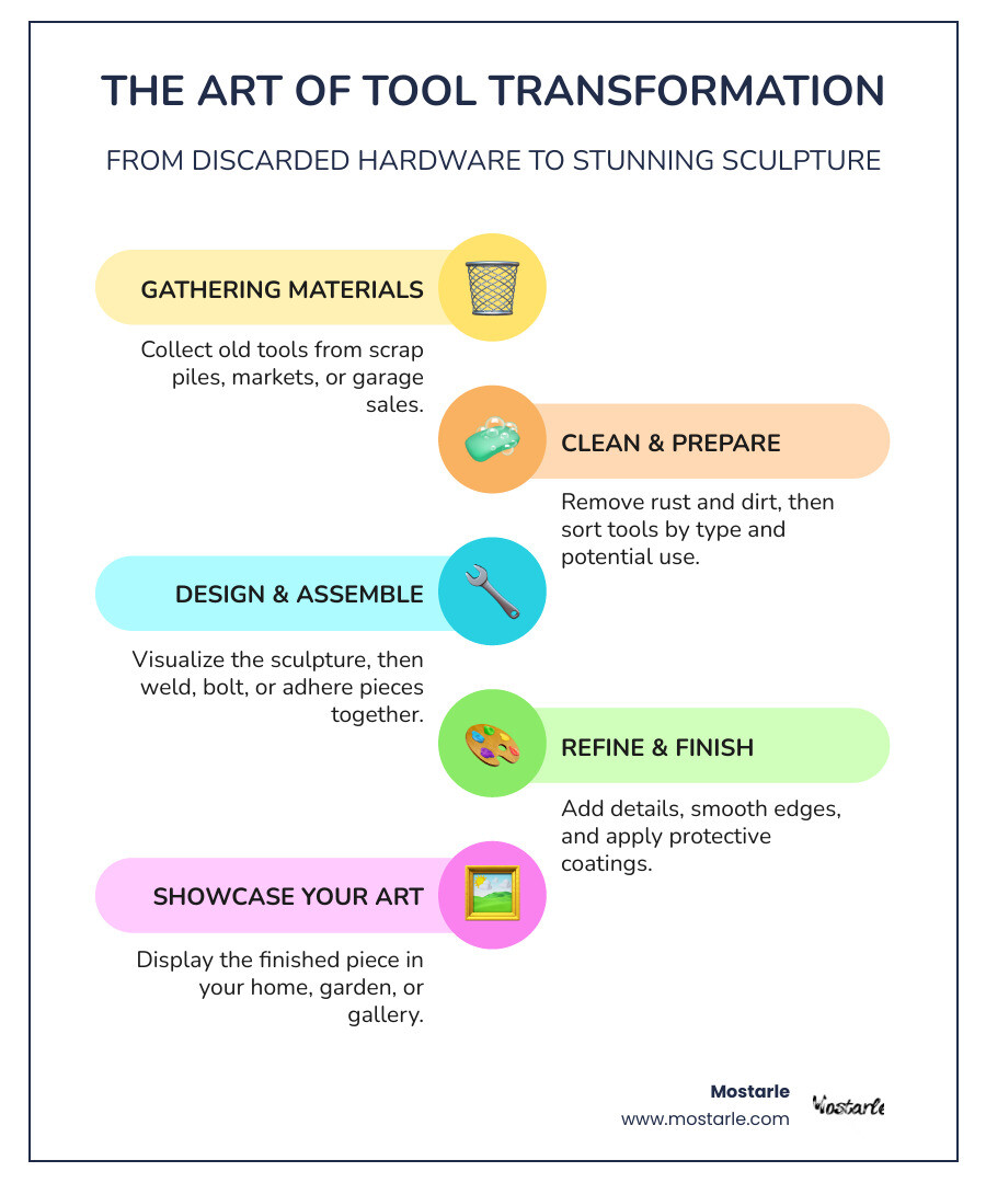 infographic showing the transformation journey from discarded rusty tools in a scrap pile through sorting and cleaning, welding or assembly process, to finished artistic sculpture displayed as garden decor or gallery piece - Art made from tools infographic infographic-line-5-steps-colors