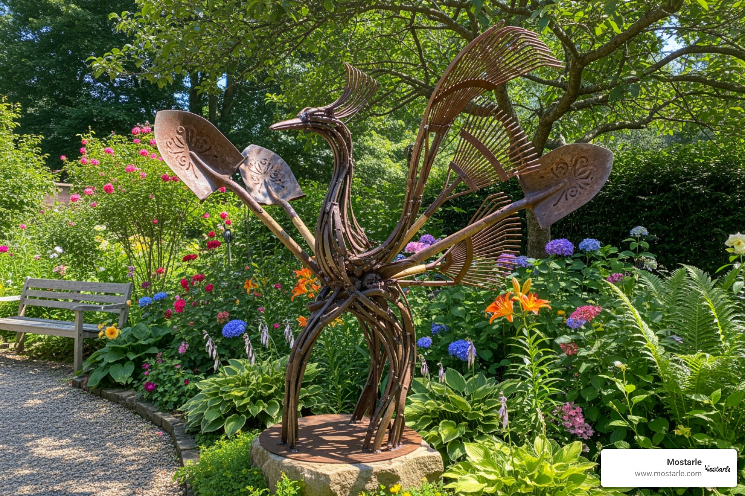 beautiful garden sculpture made from old shovels and rakes - Art made from tools