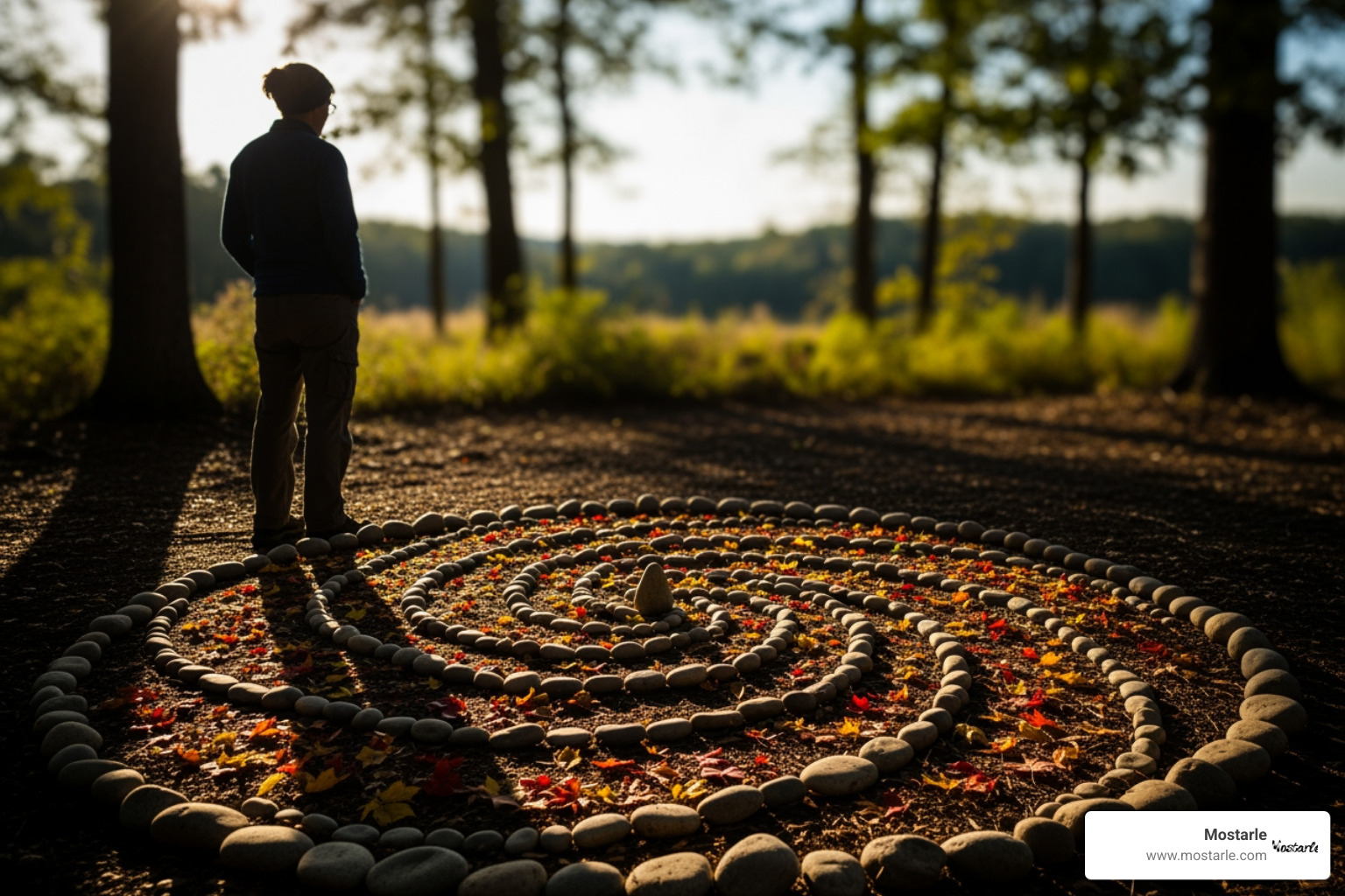 Image of a person admiring a detailed land art sculpture made of stones and leaves - Creative building projects