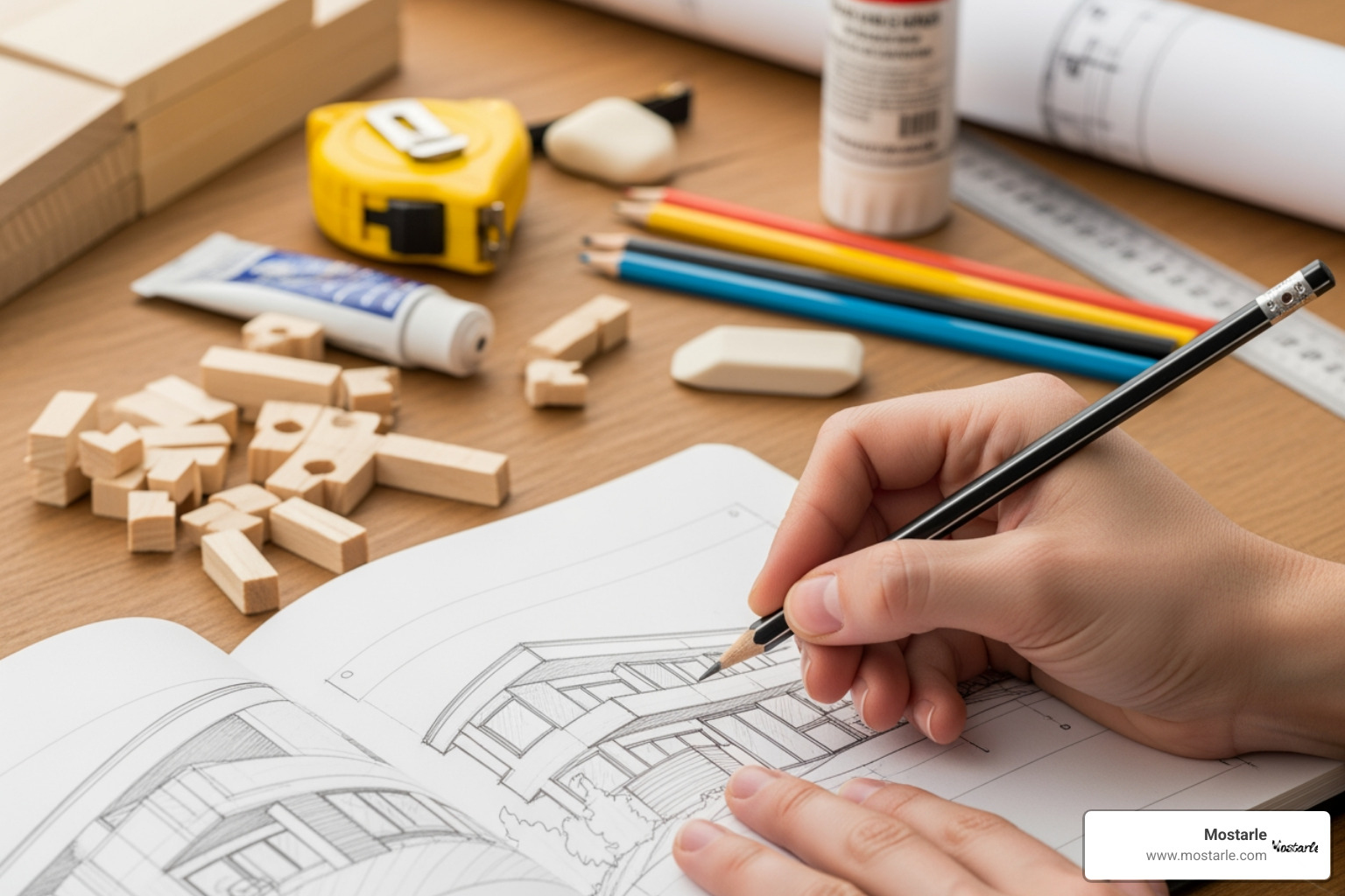 Image of a person sketching a design in a notebook with tools and materials in the background - Creative building projects