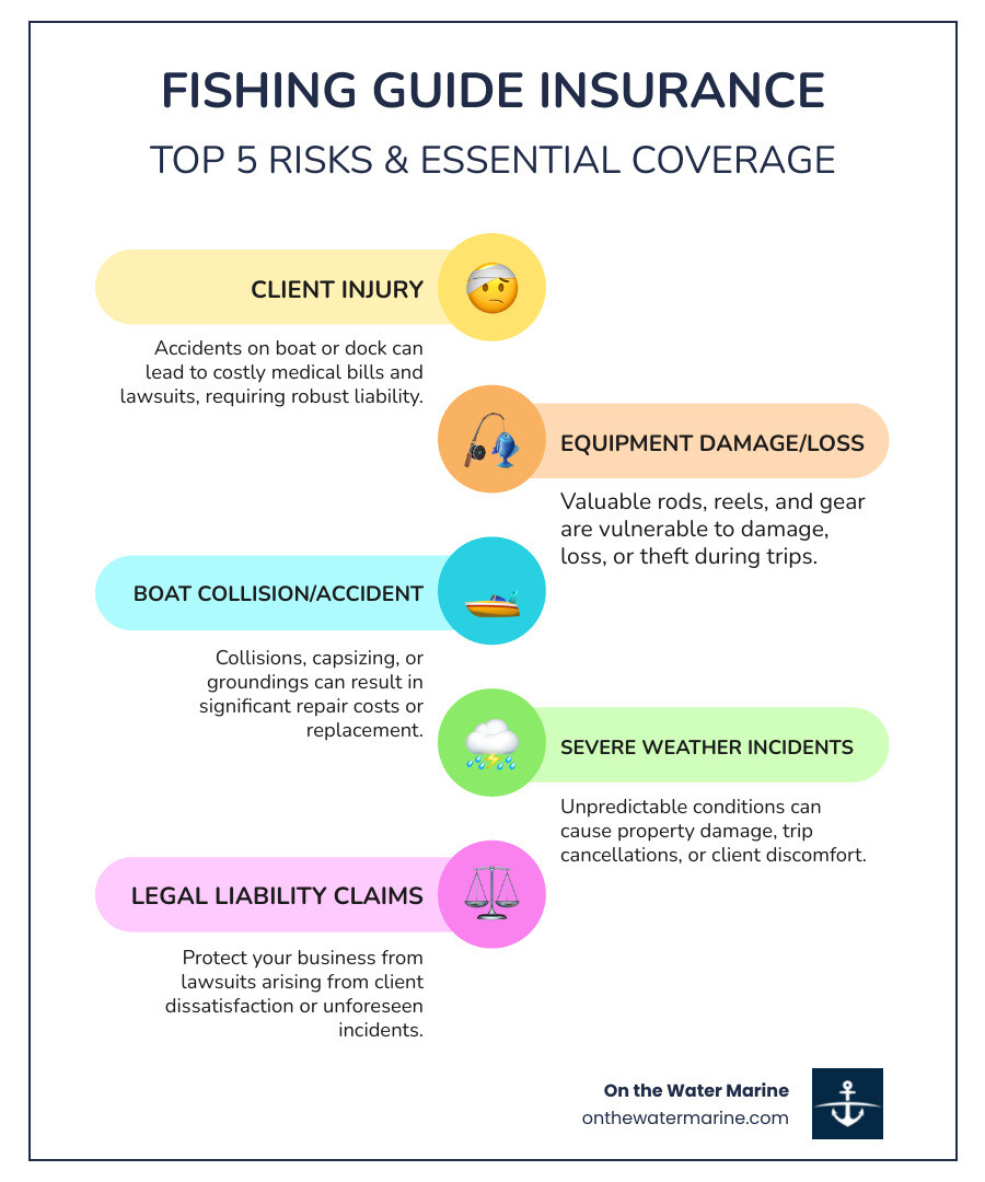 infographic showing the top 5 risks for fishing guides: client injury on boat or dock, fishing equipment damage or loss, boat collision or accident, severe weather incidents, and legal liability claims with average costs and coverage solutions for each risk - fishing guide insurance infographic infographic showing the top 5 risks for fishing guides: client injury on boat or dock, fishing equipment damage or loss, boat collision or accident, severe weather incidents, and legal liability claims with average costs and coverage solutions for each risk - fishing guide insurance infographic