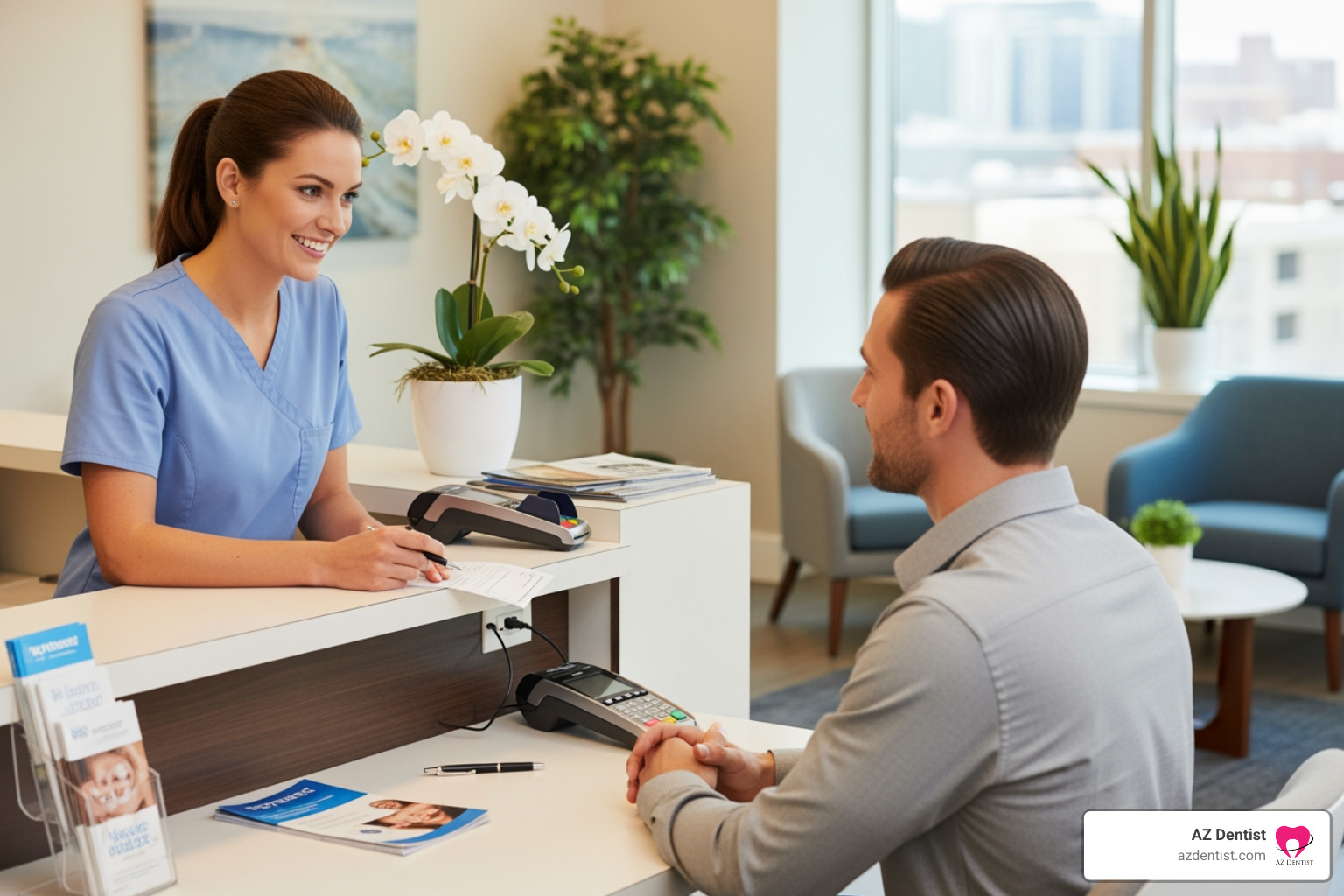 patient discussing payment options with a friendly front desk staff member - Affordable dentist Scottsdale