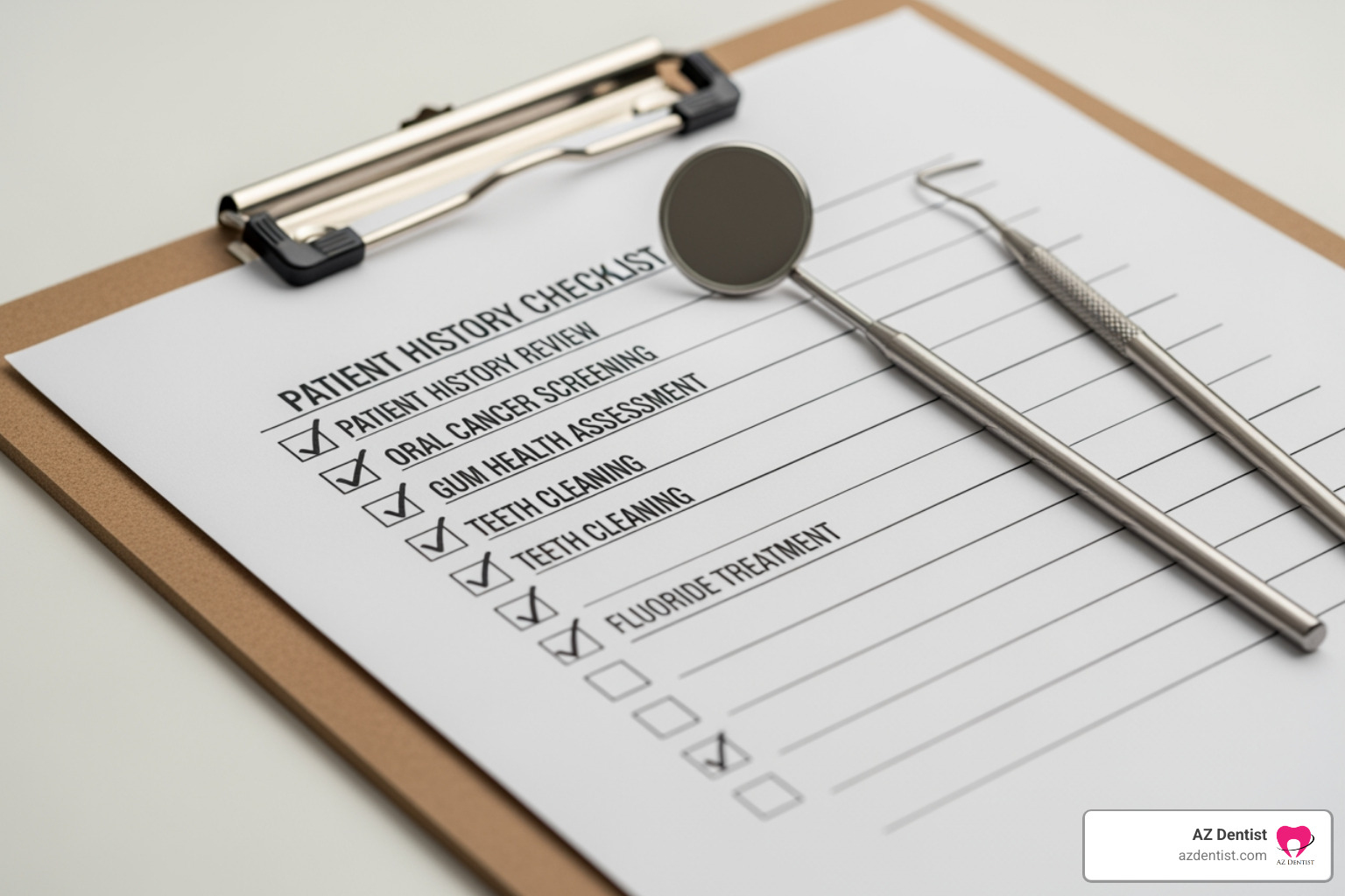 checklist on a clipboard with a dental mirror and probe - Affordable dentist Scottsdale