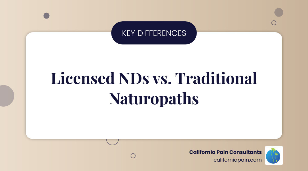 Infographic showing the key differences between licensed naturopathic doctors (NDs) who complete four years of accredited naturopathic medical school with 1,200+ clinical hours and can prescribe in licensed states, versus traditional naturopaths who complete unregulated certificate programs with no standardized training and cannot prescribe medications - can naturopathic doctors prescribe medicine infographic simple-info-landscape-card