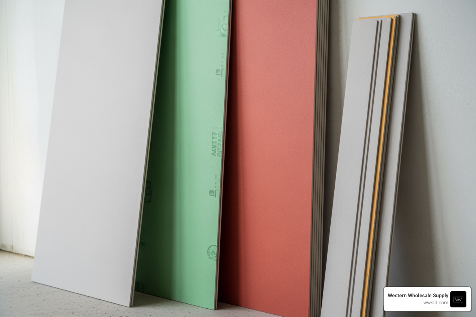 Various types of drywall panels with labels indicating their specific uses, such as standard, moisture-resistant, fire-rated, and soundproof - wholesale sheetrock suppliers Various types of drywall panels with labels indicating their specific uses, such as standard, moisture-resistant, fire-rated, and soundproof - wholesale sheetrock suppliers