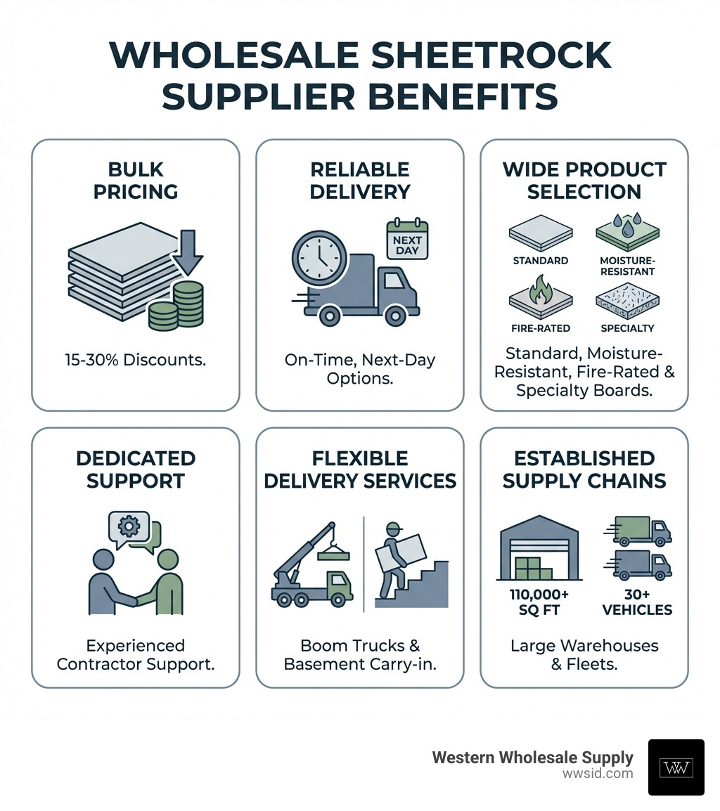 Infographic showing key benefits of wholesale sheetrock suppliers: bulk pricing discounts of 15-30%, reliable on-time delivery with next-day options, wide product selection including standard, moisture-resistant, fire-rated and specialty boards, dedicated contractor support with experienced sales staff, flexible delivery services including boom trucks and basement carry-in, and established supply chains with 110,000+ sq ft warehouses and fleets of 30+ delivery vehicles - wholesale sheetrock suppliers infographic Infographic showing key benefits of wholesale sheetrock suppliers: bulk pricing discounts of 15-30%, reliable on-time delivery with next-day options, wide product selection including standard, moisture-resistant, fire-rated and specialty boards, dedicated contractor support with experienced sales staff, flexible delivery services including boom trucks and basement carry-in, and established supply chains with 110,000+ sq ft warehouses and fleets of 30+ delivery vehicles - wholesale sheetrock suppliers infographic