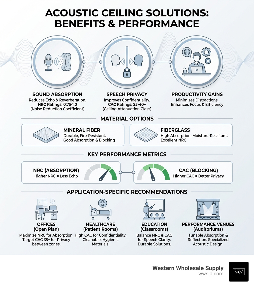 Infographic showing the primary benefits of acoustic ceiling solutions including sound absorption rates, speech privacy improvements, productivity gains in commercial spaces, material options like mineral fiber and fiberglass, key performance metrics NRC and CAC, and application-specific recommendations for offices, healthcare, education, and performance venues - acoustic ceiling solutions infographic Infographic showing the primary benefits of acoustic ceiling solutions including sound absorption rates, speech privacy improvements, productivity gains in commercial spaces, material options like mineral fiber and fiberglass, key performance metrics NRC and CAC, and application-specific recommendations for offices, healthcare, education, and performance venues - acoustic ceiling solutions infographic