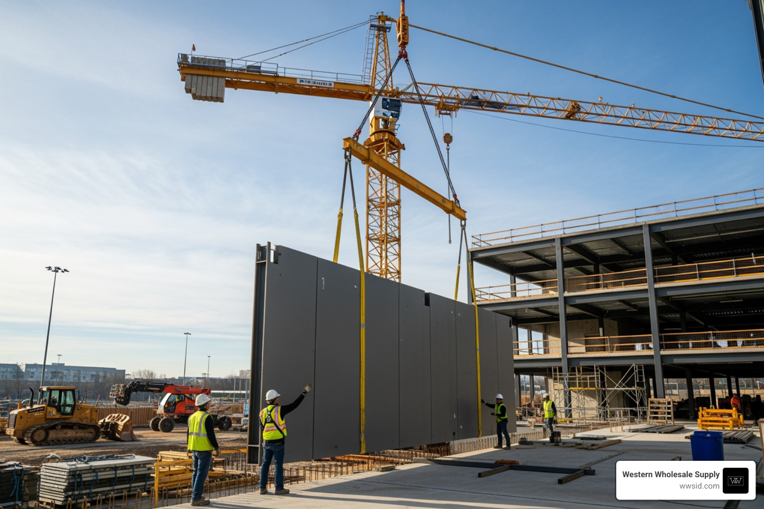A crane lifting a large prefabricated steel wall panel into place on a construction site - Prefabricated steel framing A crane lifting a large prefabricated steel wall panel into place on a construction site - Prefabricated steel framing