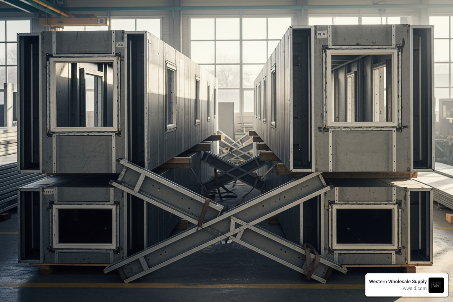 Prefabricated steel wall panels stacked in a factory - Prefabricated steel framing Prefabricated steel wall panels stacked in a factory - Prefabricated steel framing