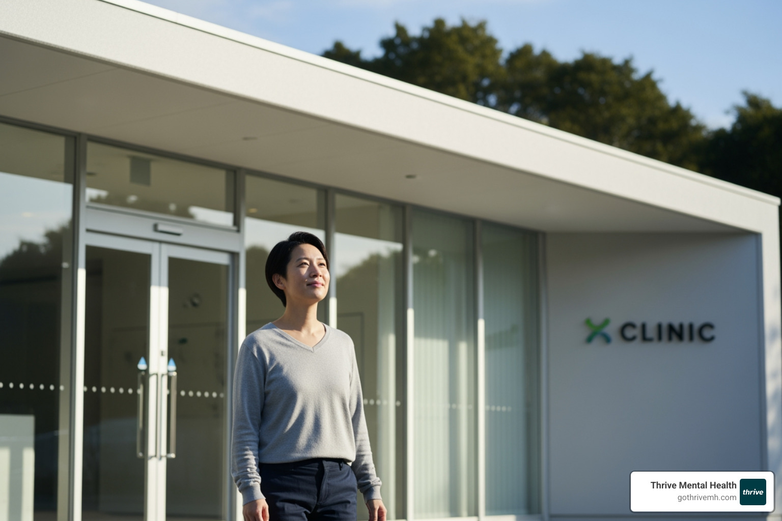 Person leaving clinic, smiling - mental health PHP program