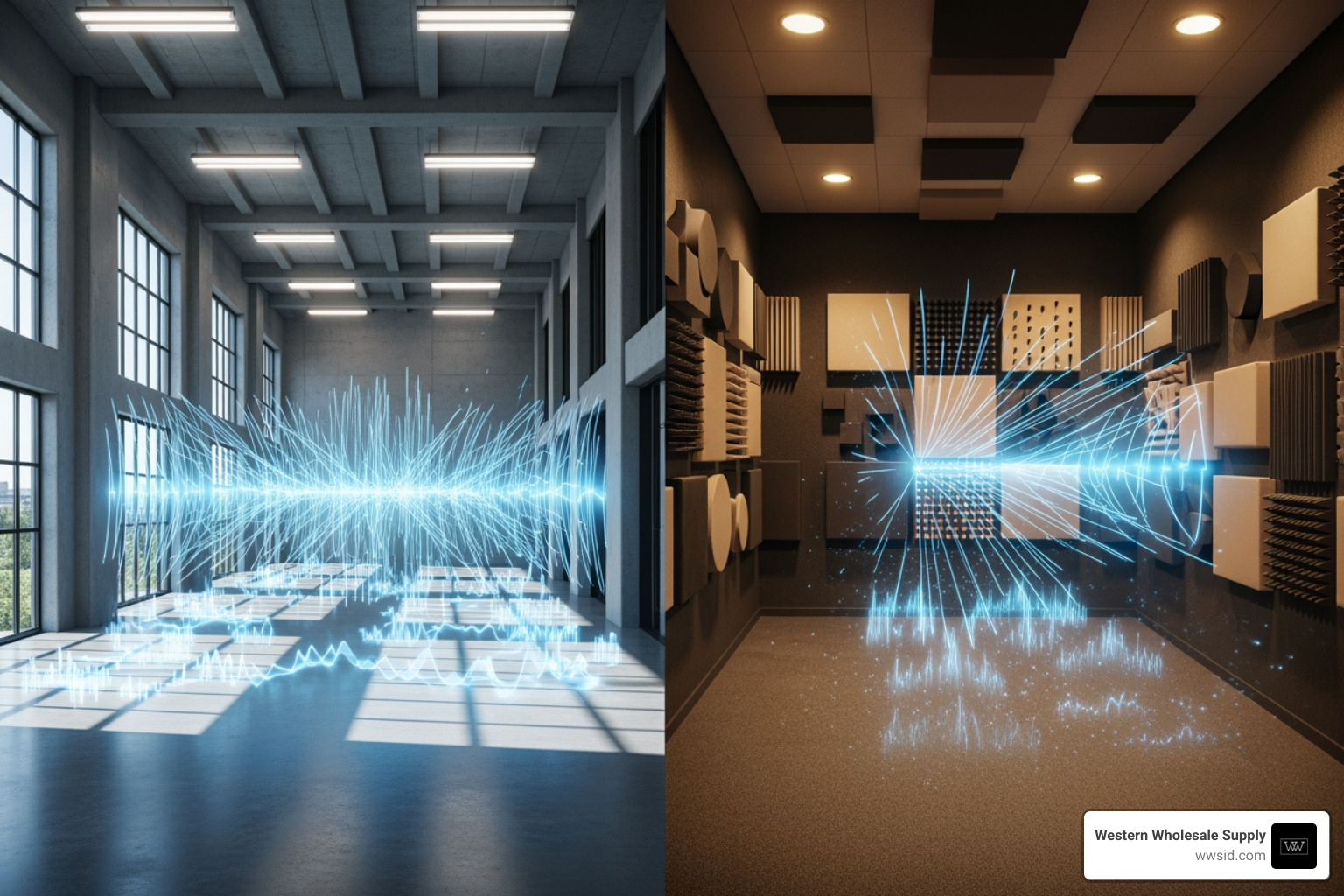 image of sound waves bouncing in a reverberant room vs. being absorbed in a treated room - sound absorbing ceiling image of sound waves bouncing in a reverberant room vs. being absorbed in a treated room - sound absorbing ceiling