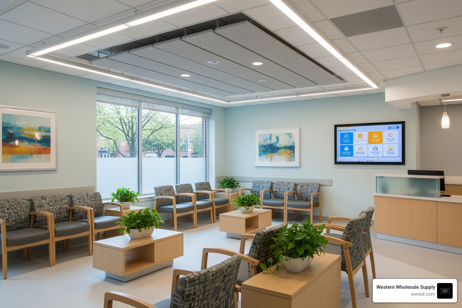 image of a calm healthcare waiting room with an acoustic ceiling - sound absorbing ceiling image of a calm healthcare waiting room with an acoustic ceiling - sound absorbing ceiling