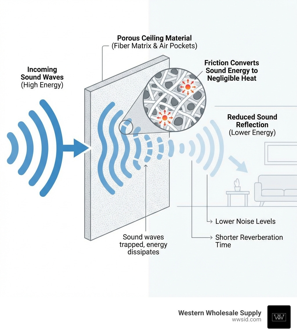 Infographic showing how sound absorbing ceilings work: sound waves enter porous ceiling material, travel through air pockets and fiber matrix, friction converts sound energy to heat, reduced sound reflects back into room, resulting in lower noise levels and shorter reverberation time - sound absorbing ceiling infographic Infographic showing how sound absorbing ceilings work: sound waves enter porous ceiling material, travel through air pockets and fiber matrix, friction converts sound energy to heat, reduced sound reflects back into room, resulting in lower noise levels and shorter reverberation time - sound absorbing ceiling infographic