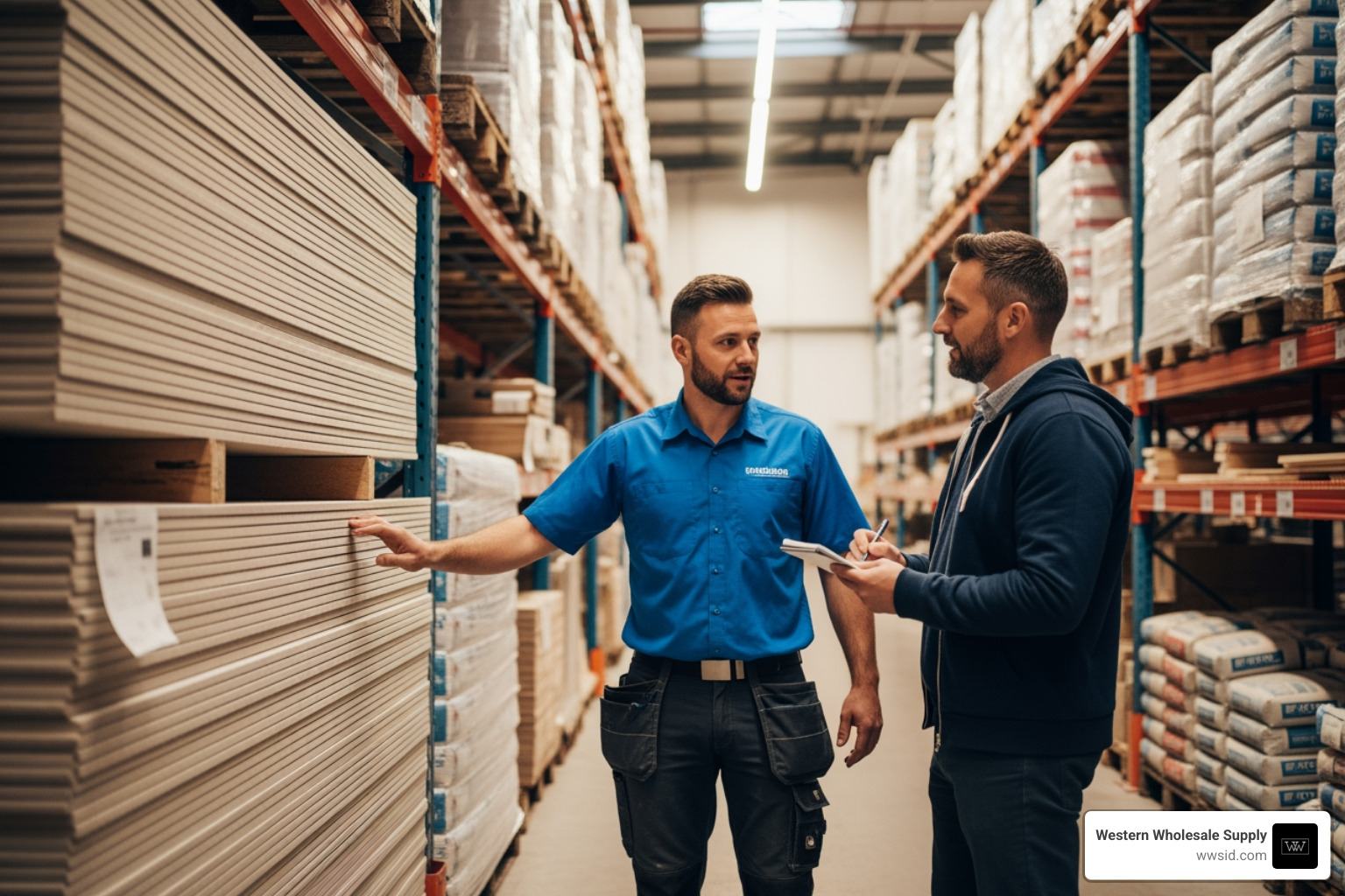 helpful supplier talking to a customer in a warehouse aisle - sheetrock distributor near me helpful supplier talking to a customer in a warehouse aisle - sheetrock distributor near me