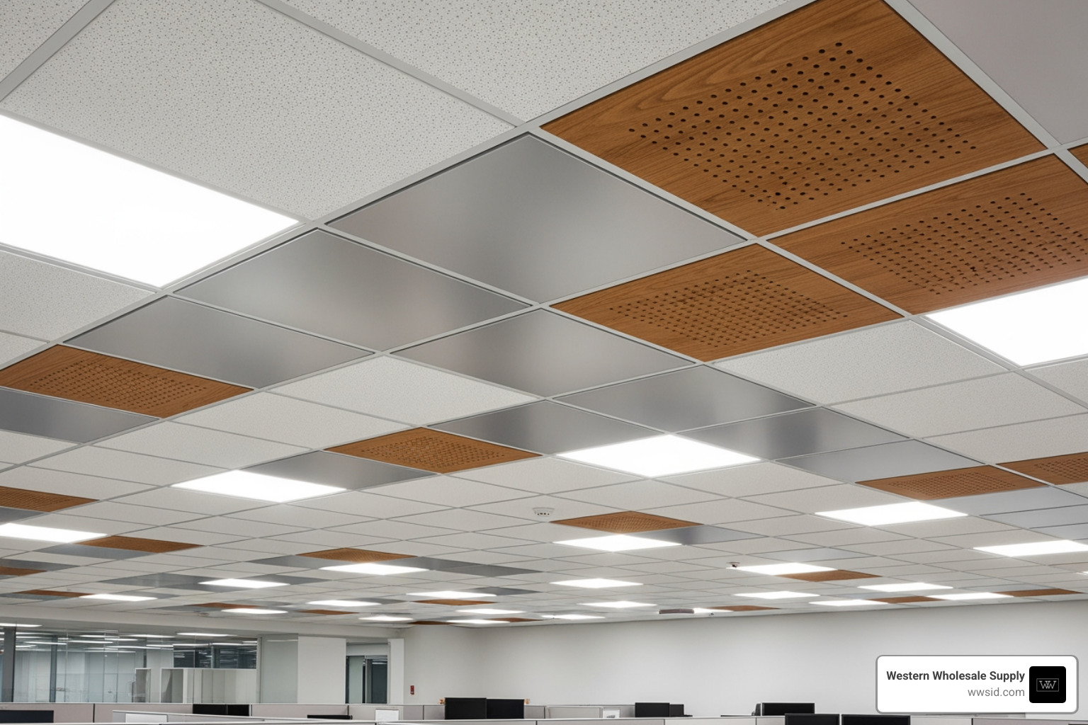 grid showing different ceiling tile materials like mineral fiber, metal, and wood - Commercial interior ceilings grid showing different ceiling tile materials like mineral fiber, metal, and wood - Commercial interior ceilings