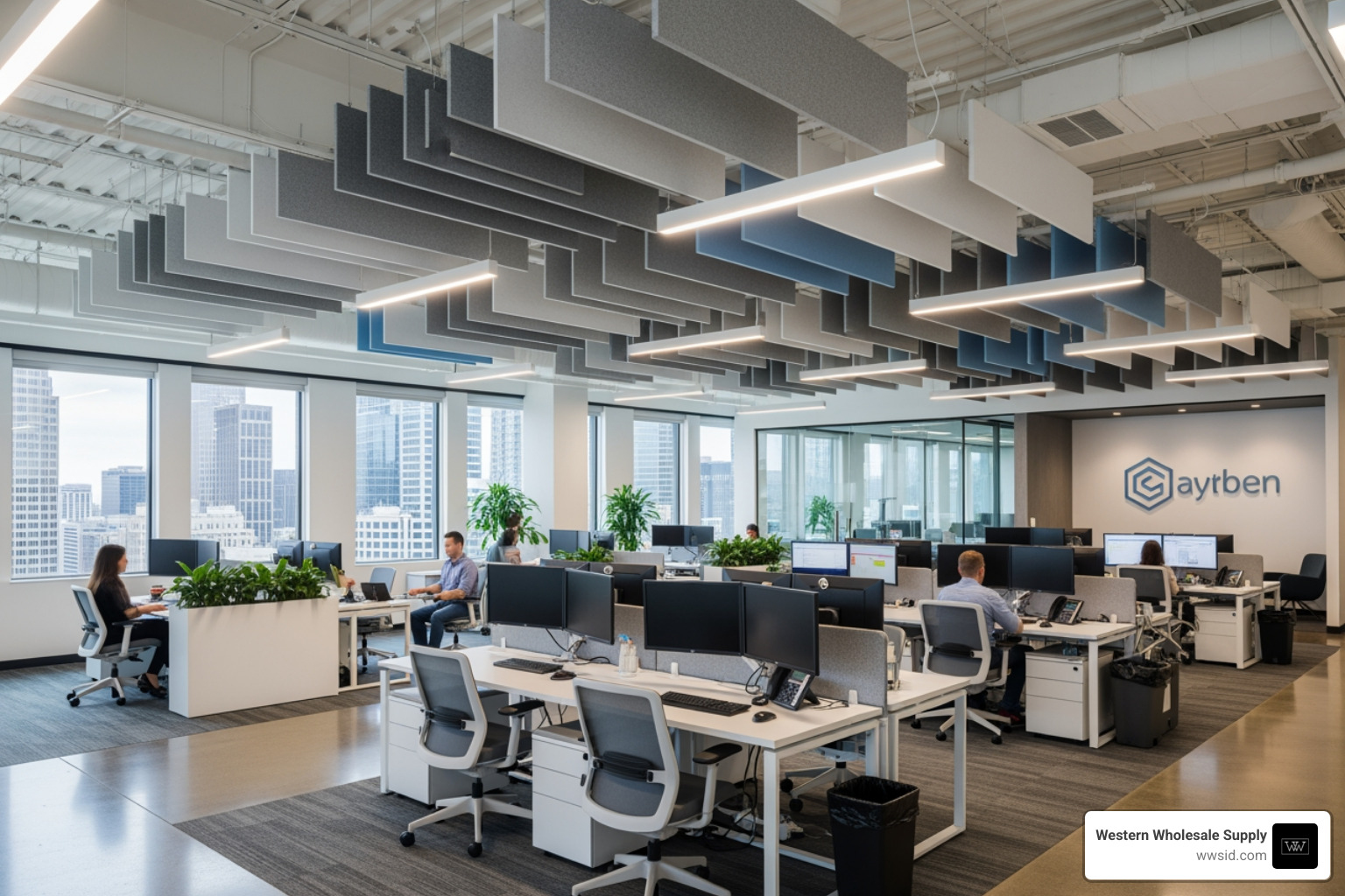 open-plan office with acoustic clouds or baffles to manage noise - Commercial interior ceilings open-plan office with acoustic clouds or baffles to manage noise - Commercial interior ceilings