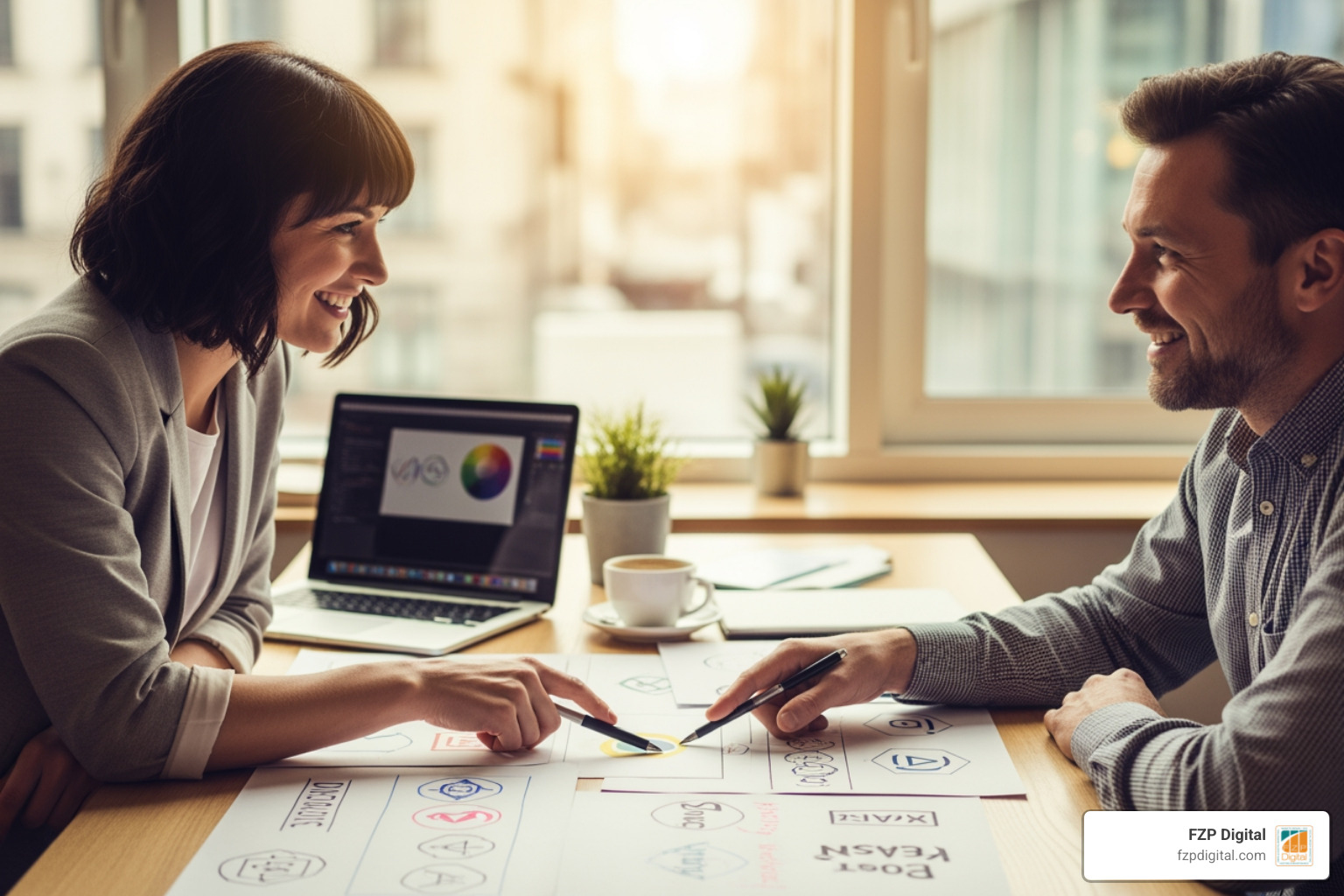 A designer and a client collaborating over sketches at a table, discussing logo concepts. - logo design company A designer and a client collaborating over sketches at a table, discussing logo concepts. - logo design company