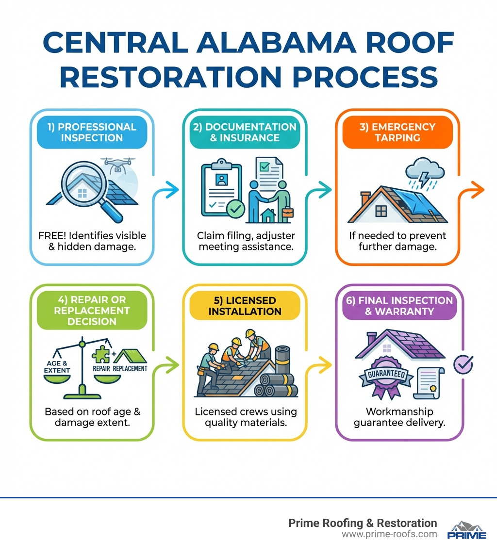 Infographic showing the central alabama roof restoration process: 1) Free professional inspection identifies visible and hidden damage, 2) Documentation and insurance claim filing with adjuster meeting, 3) Emergency tarping if needed to prevent further damage, 4) Repair or replacement decision based on age and extent of damage, 5) Installation with licensed crews using quality materials, 6) Final inspection and warranty delivery with workmanship guarantee - central alabama roof restoration infographic 