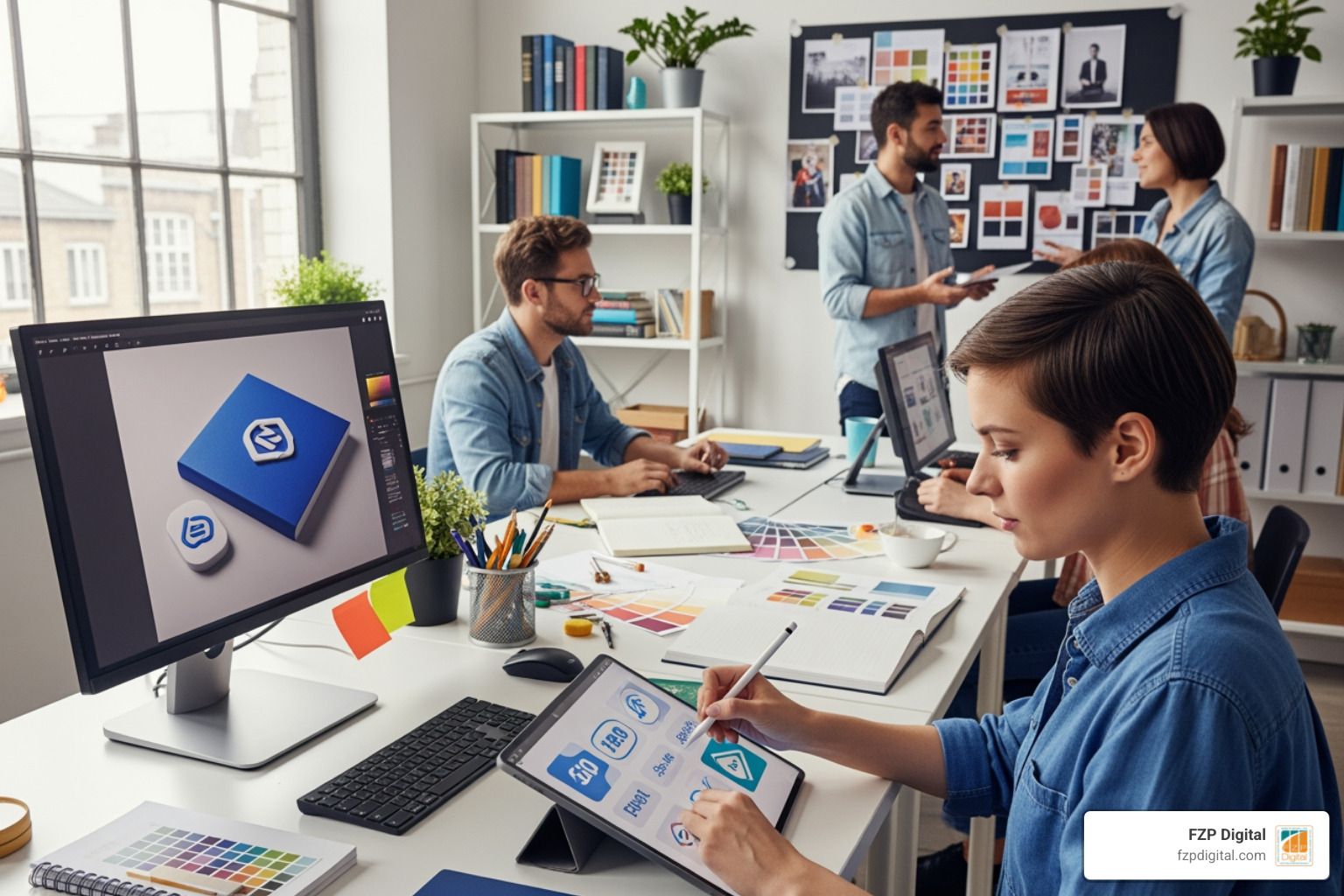 A single logo shown in various contexts: on a business card, a website, a t-shirt, and a building sign. - logo design company A single logo shown in various contexts: on a business card, a website, a t-shirt, and a building sign. - logo design company