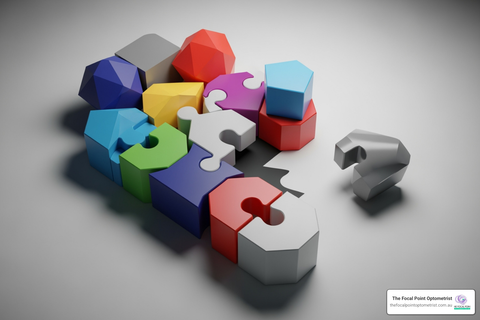 A collection of complex 3D colorful puzzle shapes used as a visual metaphor for a visuospatial reasoning test.
