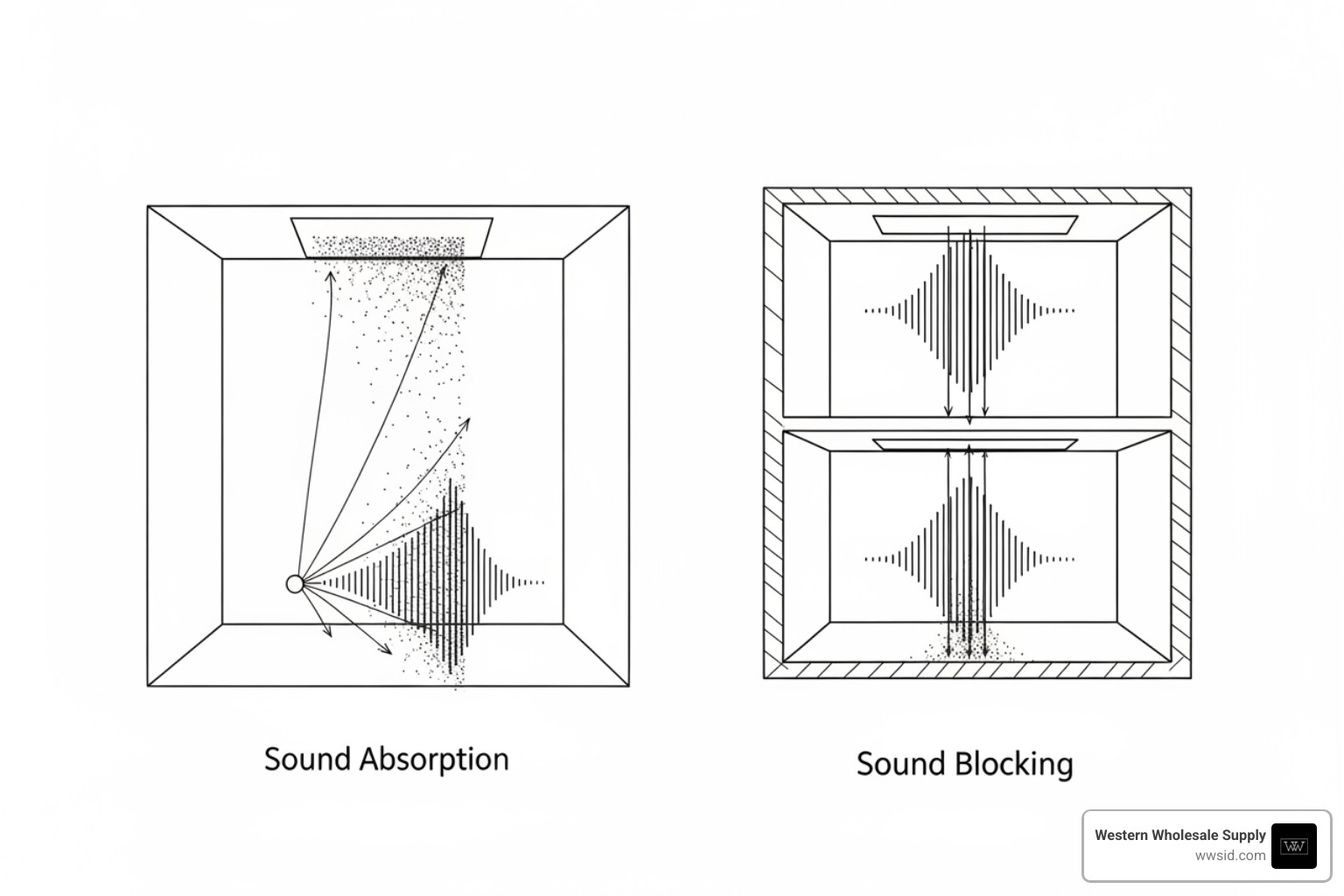 Image illustrating the concepts of NRC and CAC with simple diagrams showing sound absorption within a room and sound blocking between rooms - acoustic grid ceiling tiles Image illustrating the concepts of NRC and CAC with simple diagrams showing sound absorption within a room and sound blocking between rooms - acoustic grid ceiling tiles