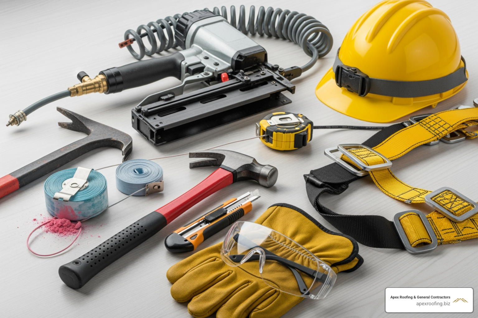 All necessary roofing tools and safety gear laid out neatly - how to install 3 tab asphalt shingles