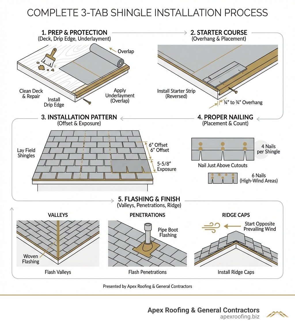 Detailed infographic showing the complete 3-tab shingle installation process from roof deck preparation through final ridge cap installation, including proper nail placement patterns, exposure measurements, offset requirements, and flashing details for valleys and penetrations - how to install 3 tab asphalt shingles infographic 
