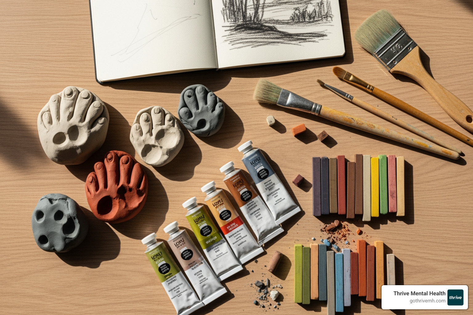 various art supplies like clay, paints, and pastels laid out invitingly - art therapy for self awareness