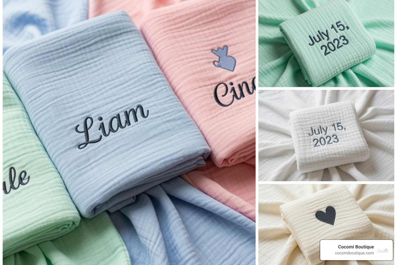 collage of different personalization options for baby blankets - personalized muslin baby blanket