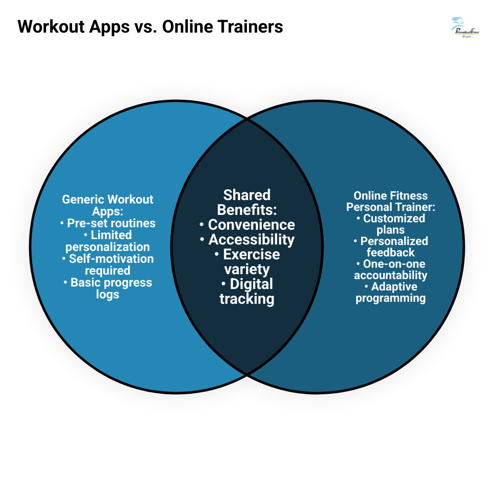infographic showing comparison between generic workout apps and personalized online fitness personal trainer services including customization level, accountability support, and progress tracking methods - online fitness personal trainer infographic infographic showing comparison between generic workout apps and personalized online fitness personal trainer services including customization level, accountability support, and progress tracking methods - online fitness personal trainer infographic