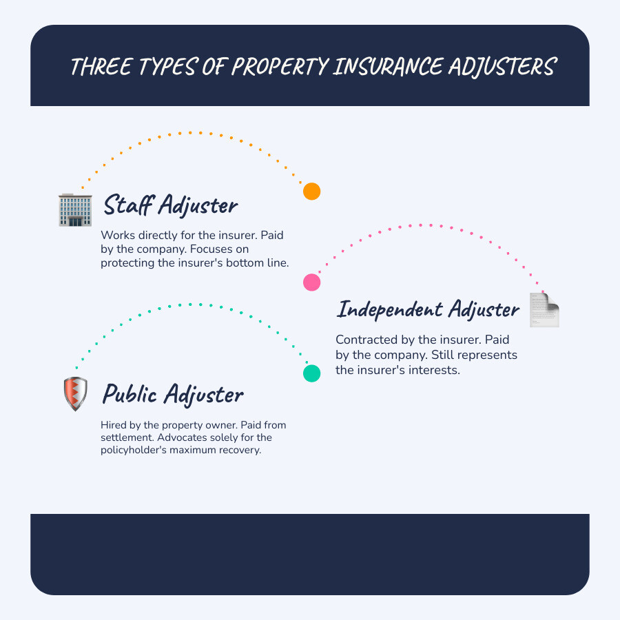 Infographic showing three types of insurance adjusters: Staff Adjuster (works directly for the insurance company, paid by insurer, goal is to protect company's bottom line), Independent Adjuster (hired by the insurance company as a contractor, paid by insurer, still represents the insurer's interests), and Public Adjuster (hired by the property owner, paid only from settlement proceeds, goal is to maximize policyholder's recovery and ensure fair settlement) - Why hire public adjuster infographic infographic-line-3-steps-blues-accent_colors Infographic showing three types of insurance adjusters: Staff Adjuster (works directly for the insurance company, paid by insurer, goal is to protect company's bottom line), Independent Adjuster (hired by the insurance company as a contractor, paid by insurer, still represents the insurer's interests), and Public Adjuster (hired by the property owner, paid only from settlement proceeds, goal is to maximize policyholder's recovery and ensure fair settlement) - Why hire public adjuster infographic infographic-line-3-steps-blues-accent_colors