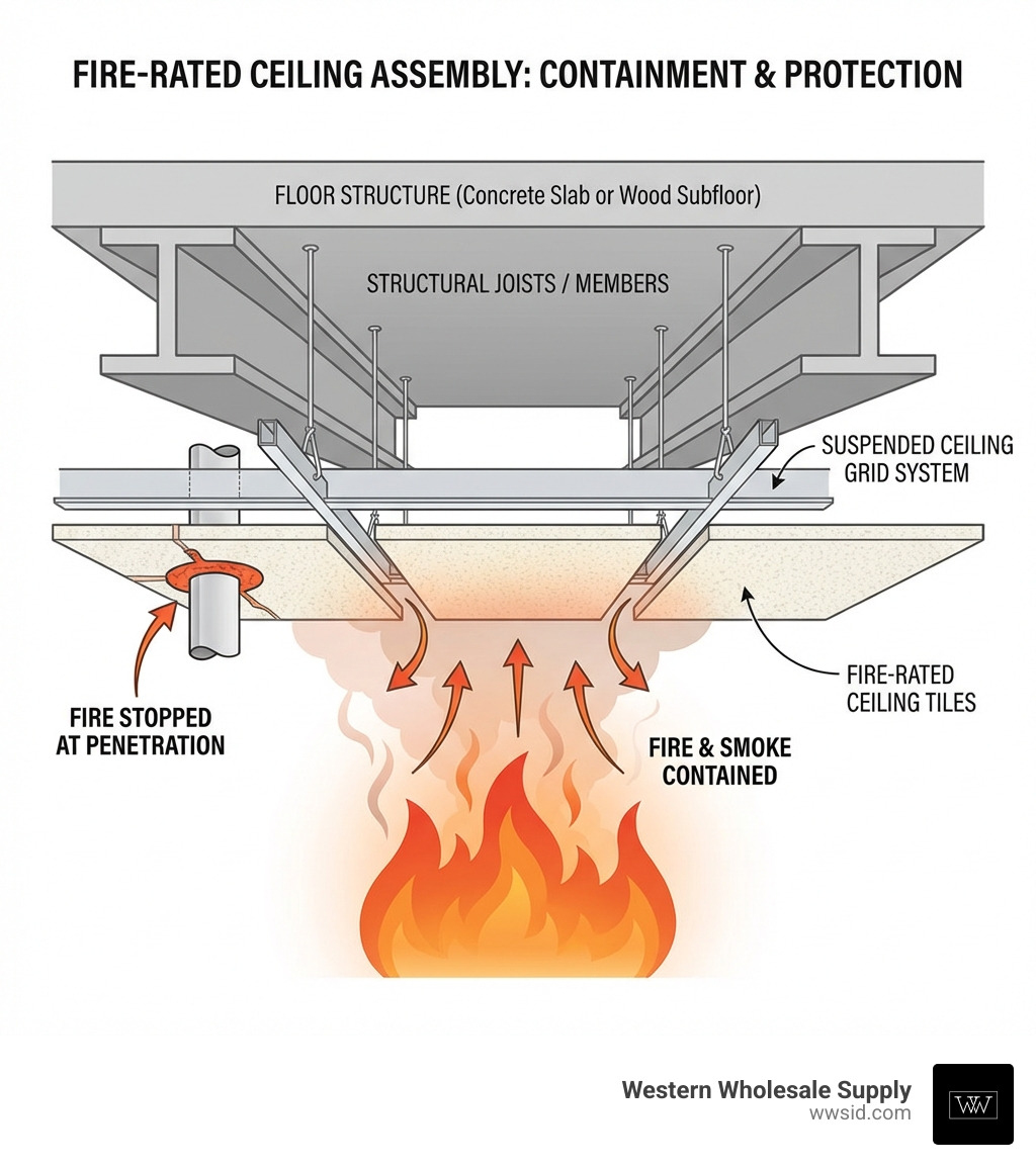 Infographic showing how a fire-rated ceiling assembly contains fire: cross-section diagram with floor structure above, joists or structural members, ceiling grid system, and fire-rated ceiling tiles below, with arrows indicating fire and smoke being contained by the assembly, and labels for each layer including "Fire Stopped" at penetrations - Fire rated ceilings infographic Infographic showing how a fire-rated ceiling assembly contains fire: cross-section diagram with floor structure above, joists or structural members, ceiling grid system, and fire-rated ceiling tiles below, with arrows indicating fire and smoke being contained by the assembly, and labels for each layer including "Fire Stopped" at penetrations - Fire rated ceilings infographic