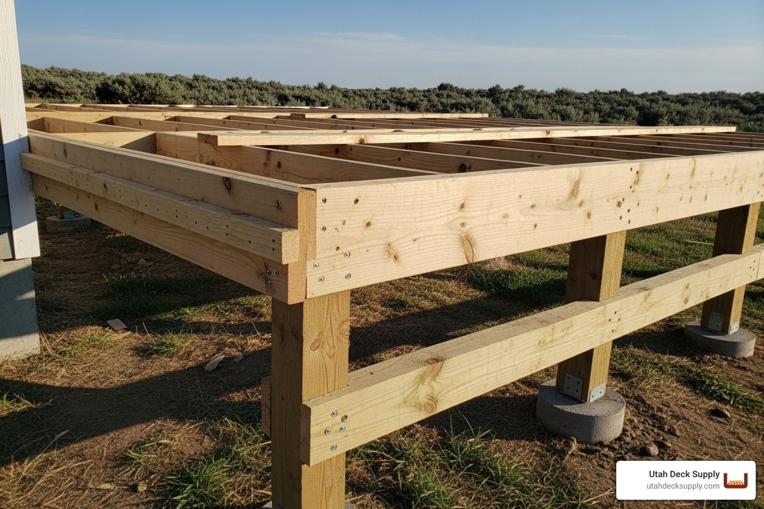 Deck frame diagram showing various components labeled: decking, joists, rim joist, ledger board, beams, posts, and footings, set against a bright, clear Utah afternoon sky. - deck construction guide