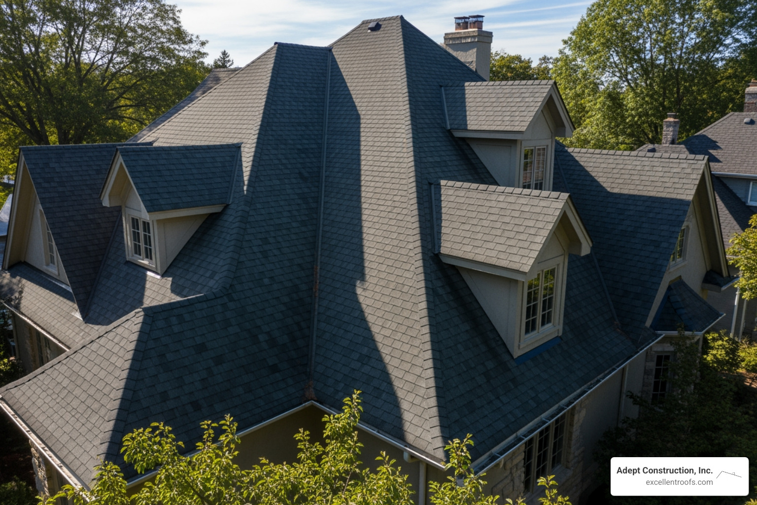 A complex roof with multiple valleys and a steep pitch. - 3 tab shingle roof replacement cost