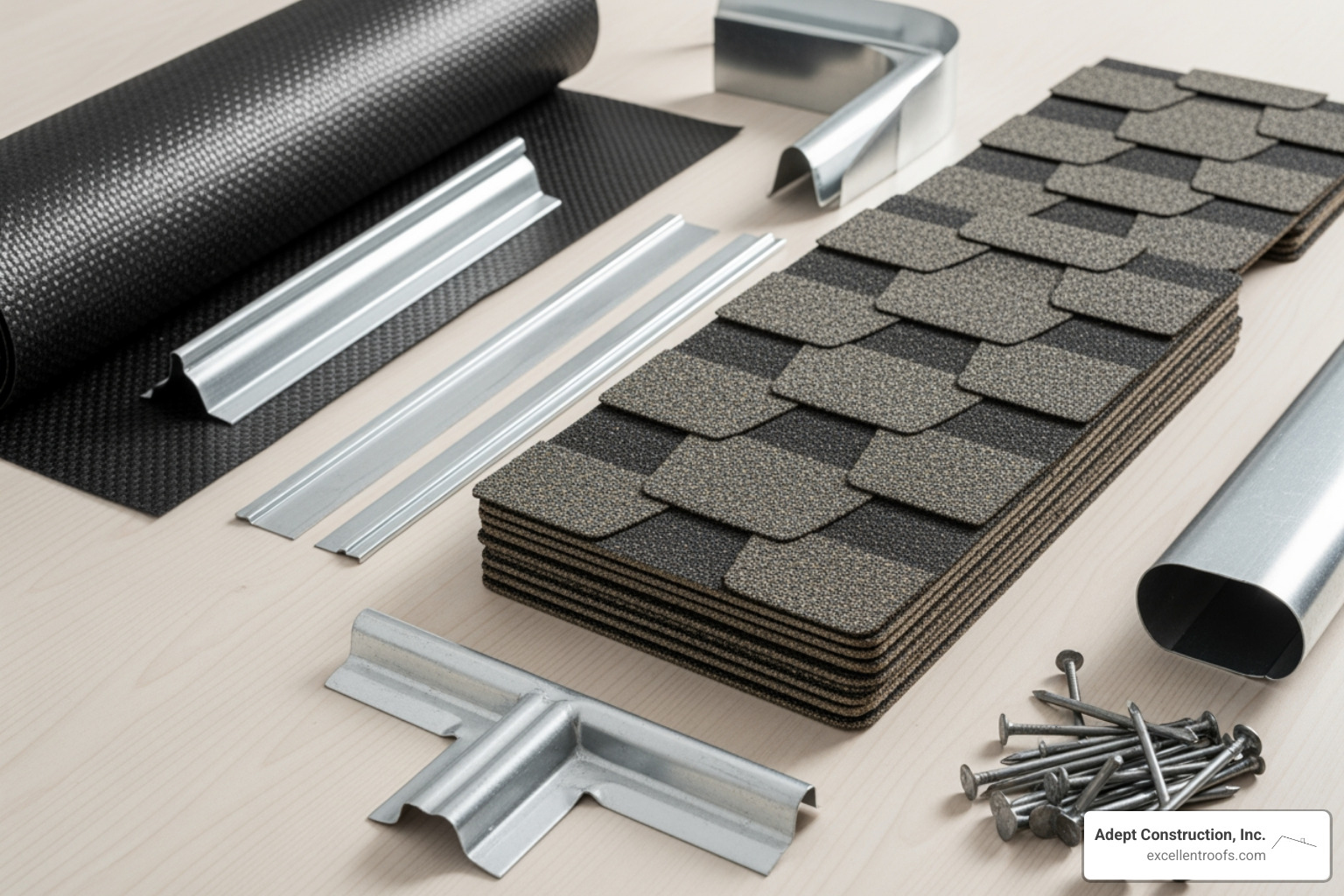 Roofing materials laid out: shingles, underlayment, flashing, and nails. - 3 tab shingle roof replacement cost