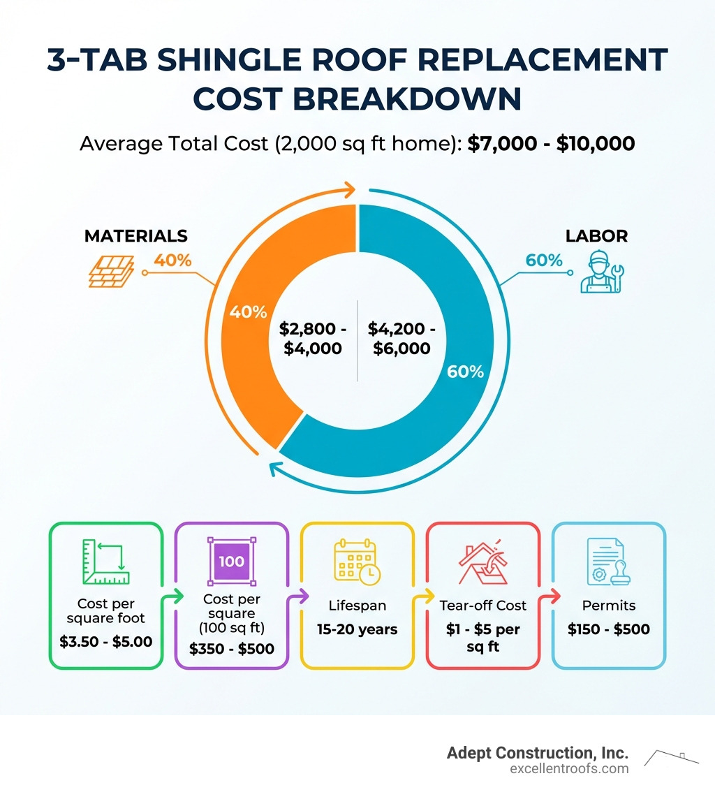 Infographic showing 3-tab shingle roof replacement cost breakdown: Average total cost $7,000-$10,000 for 2,000 sq ft home, Materials 40% ($2,800-$4,000), Labor 60% ($4,200-$6,000), Cost per square foot $3.50-$5.00, Cost per square $350-$500, Lifespan 15-20 years, Tear-off $1-$5 per sq ft, Permits $150-$500 - 3 tab shingle roof replacement cost infographic 