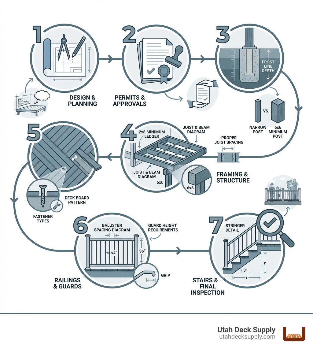Infographic showing the seven phases of deck construction: Phase 1 Design & Planning with blueprint icon, Phase 2 Permits & Approvals with document icon, Phase 3 Foundation & Footings with concrete pier icon, Phase 4 Framing & Structure with joist and beam diagram, Phase 5 Decking Installation with deck board pattern, Phase 6 Railings & Guards with baluster spacing diagram, Phase 7 Stairs & Final Inspection with stringer detail. Each phase includes key requirements like frost line depth for footings, 6x6 minimum posts, 2x8 minimum ledger, proper joist spacing, fastener types, guard height requirements, and handrail specifications. - deck construction guide infographic 