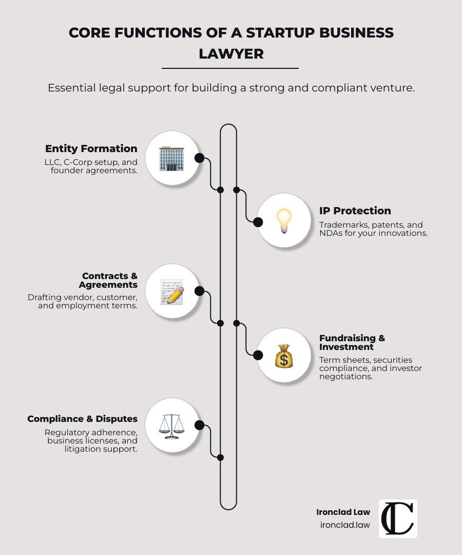 infographic showing five core functions of a startup business lawyer: 1) Entity Formation and Corporate Structure (LLC, C-Corp setup, founder agreements), 2) Intellectual Property Protection (trademarks, patents, NDAs), 3) Contract Drafting and Review (vendor agreements, customer contracts, employment terms), 4) Fundraising and Investment (term sheets, securities compliance, investor negotiations), and 5) Regulatory Compliance and Dispute Resolution (industry regulations, business licenses, litigation support) - business lawyer for startup infographic infographic-line-5-steps-elegant_beige