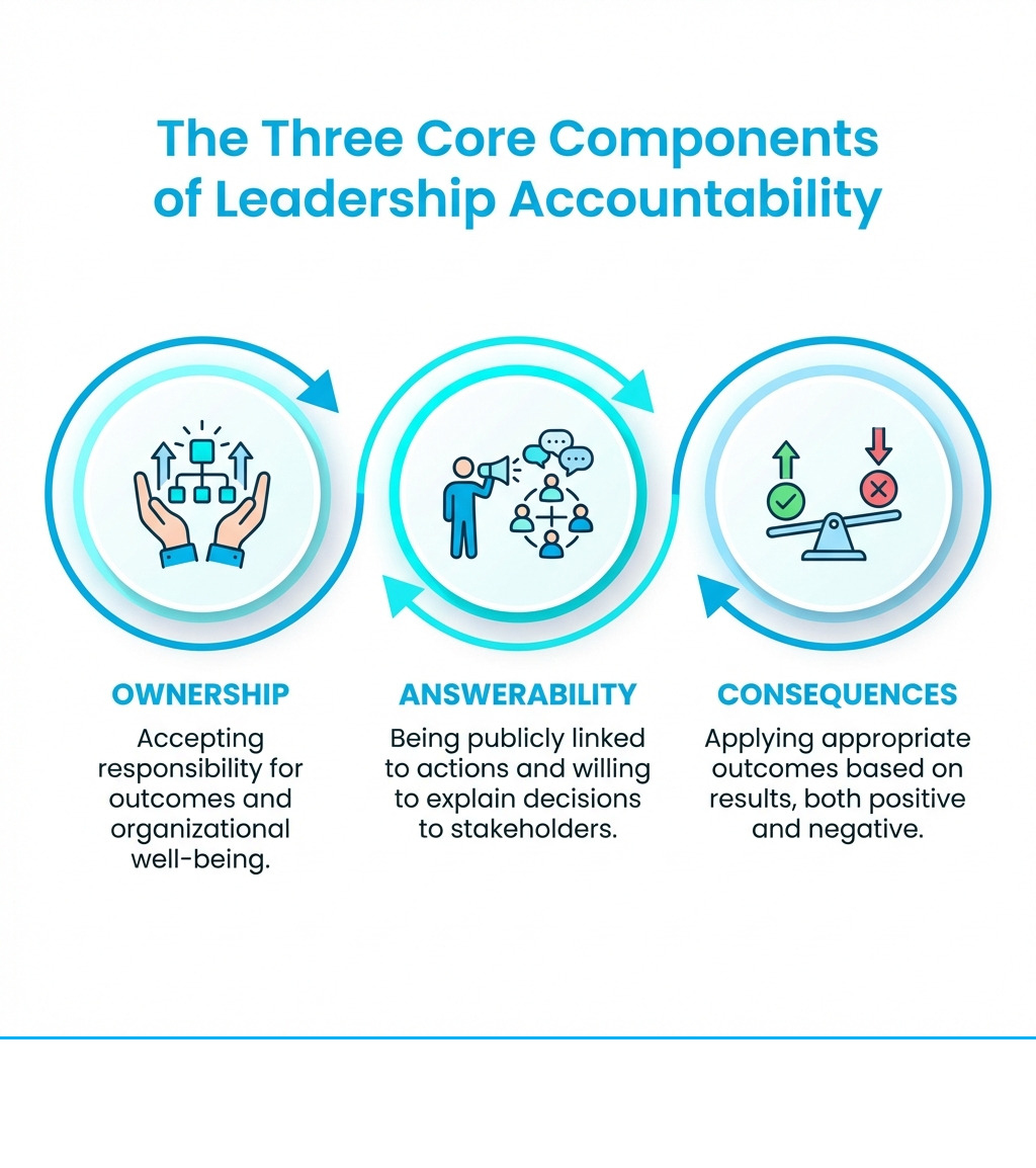 Infographic Showing The Three Core Components Of Leadership Accountability: Ownership (Accepting Responsibility For Outcomes And Organizational Well-Being), Answerability (Being Publicly Linked To Actions And Willing To Explain Decisions To Stakeholders), And Consequences (Applying Appropriate Outcomes Based On Results, Both Positive And Negative) - Leadership Accountability Infographic Infographic Showing The Three Core Components Of Leadership Accountability: Ownership (Accepting Responsibility For Outcomes And Organizational Well-Being), Answerability (Being Publicly Linked To Actions And Willing To Explain Decisions To Stakeholders), And Consequences (Applying Appropriate Outcomes Based On Results, Both Positive And Negative) - Leadership Accountability Infographic