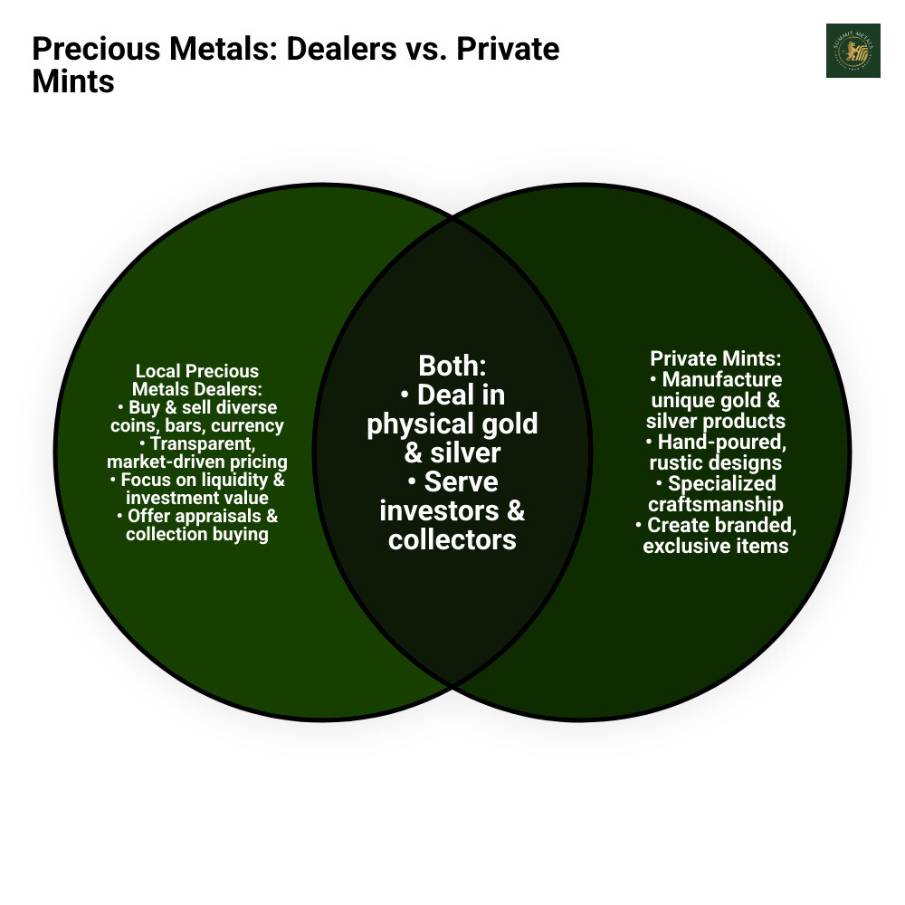 Infographic comparing local precious metals dealers like Summit Metals versus private mints: Dealers buy and sell coins, bars, and currency with transparent pricing and immediate availability; Private mints manufacture hand-poured bars and rounds with unique designs and rustic finishes - monarch gold coin utah infographic venn_diagram Infographic comparing local precious metals dealers like Summit Metals versus private mints: Dealers buy and sell coins, bars, and currency with transparent pricing and immediate availability; Private mints manufacture hand-poured bars and rounds with unique designs and rustic finishes - monarch gold coin utah infographic venn_diagram